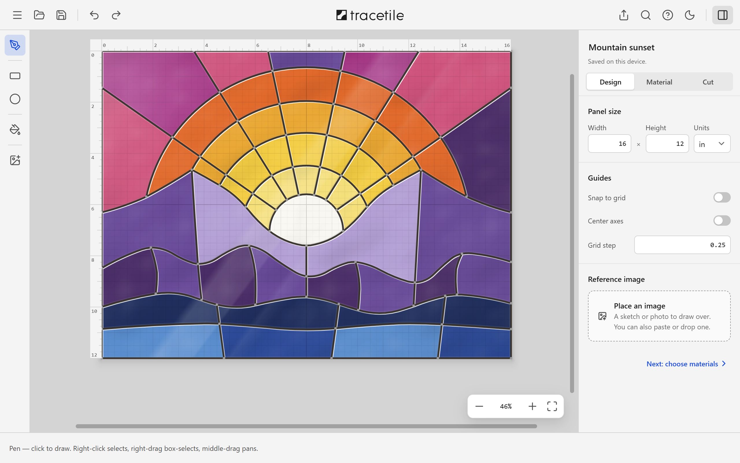 The TraceTile editor with a mountain sunset panel open: its lead lines and glass colors on the canvas, and the glass color palette beside it.